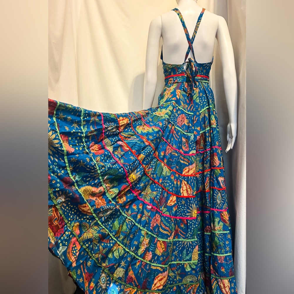 Farm Rio Sz Small Ocean Stories Mermaid Siren Maxi Tiered Dress Boho Sea witch - Picture 12 of 16